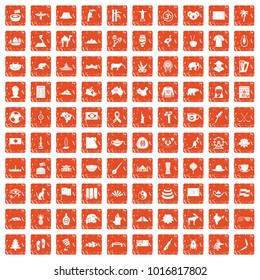 100 landmarks icons set in grunge style orange color isolated on white background vector illustration