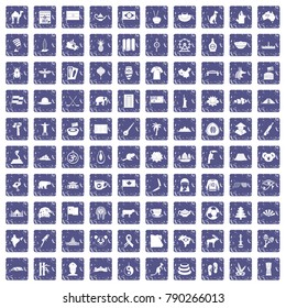 100 landmarks icons set in grunge style sapphire color isolated on white background vector illustration