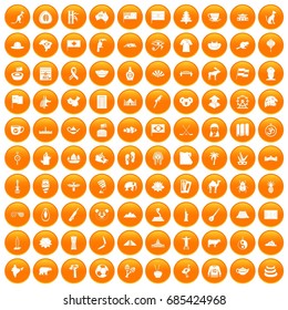 100 landmarks icons set in orange circle isolated on white vector illustration