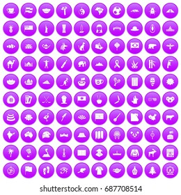 100 landmarks icons set in purple circle isolated on white vector illustration