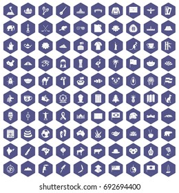 100 landmarks icons set in purple hexagon isolated vector illustration