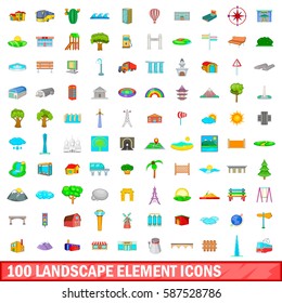 100 landscape element icons set in cartoon style for any design vector illustration