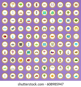 100 landscape element icons set in cartoon style on purple background vector illustration