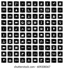100 landscape element icons set in grunge style isolated vector illustration