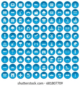 100 landscape element icons set in blue circle isolated on white vector illustration