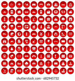 100 landscape element icons set in red circle isolated on white vector illustration
