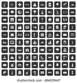 100 landscape element icons set in black color isolated vector illustration