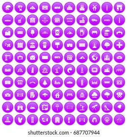 100 landscape element icons set in purple circle isolated on white vector illustration