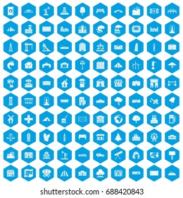 100 landscape element icons set in blue hexagon isolated vector illustration