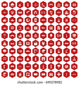 100 landscape element icons set in red hexagon isolated vector illustration