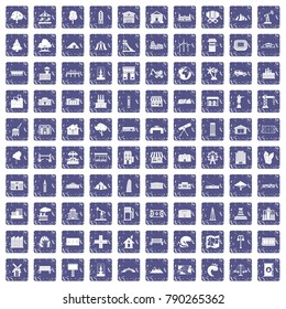 100 landscape element icons set in grunge style sapphire color isolated on white background vector illustration