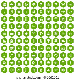 100 landscape icons set in green hexagon isolated vector illustration