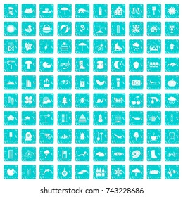 100 landscape icons set in grunge style blue color isolated on white background vector illustration