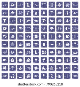 100 landscape icons set in grunge style sapphire color isolated on white background vector illustration