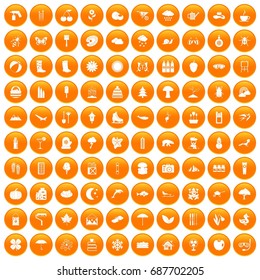 100 landscape icons set in orange circle isolated vector illustration