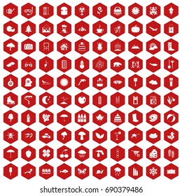 100 landscape icons set in red hexagon isolated vector illustration