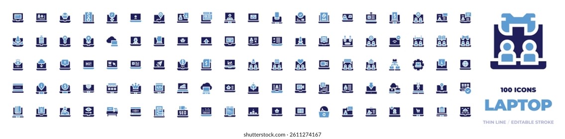 100 Laptop Icons Collection. Bold style. Duotone colors. virtual class, tracking, price list, virtual event, online learning, worm, videocall, computer.