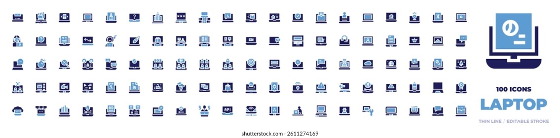 100 Laptop Icons Collection. Bold style. Duotone colors. laptop, chat, comment, webcam, fist, book, computer, application, customer service, question mark.