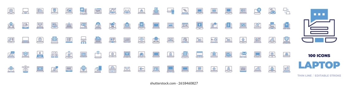 100 Laptop Icons Collection. Bold line style. Duotone colors. email, laptop, settings, video game, client server, bug, laptop computer, statistics, security.