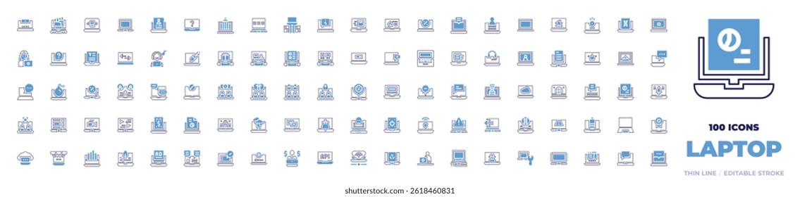 100 Laptop Icons Collection. Bold line style. Duotone colors. laptop, chat, comment, webcam, fist, book, computer, customer service, question mark, text, hacking.