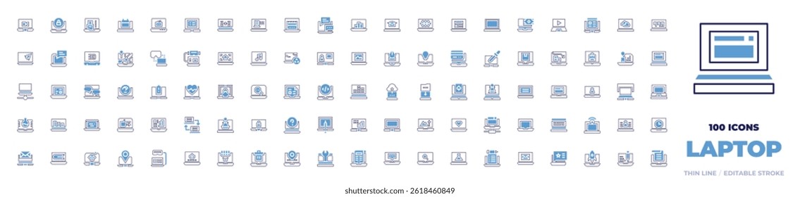 100 Laptop Icons Collection. Bold line style. Duotone colors. laptop, security, usb, newspaper, online chat, overload, online learning, bar chart, email, chat.