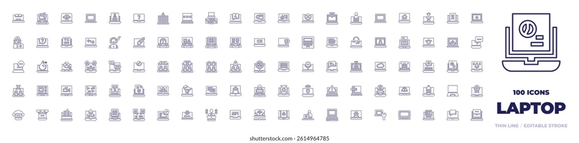 100 Laptop Icons Collection. Line style. Editable stroke. laptop, chat, comment, webcam, fist, book, computer, customer service, question mark, text, hacking.