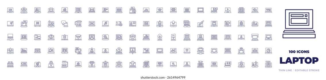 100 Laptop Icons Collection. Line style. Editable stroke. laptop, security, usb, newspaper, online chat, overload, online learning, bar chart, email, chat.