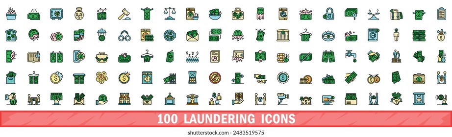 100 laundering icons set. Color line set of laundering vector icons thin line color flat on white