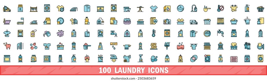 100 laundry icons set. Color line set of laundry vector icons thin line color flat on white