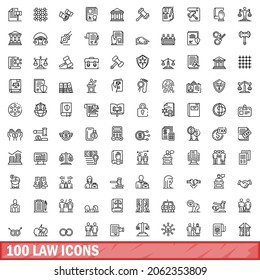 100 law icons set. Outline illustration of 100 law icons vector set isolated on white background