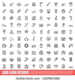 100 íconos de ley. Ilustración de esquema de 100 iconos de ley conjunto de vectores aislados en fondo blanco