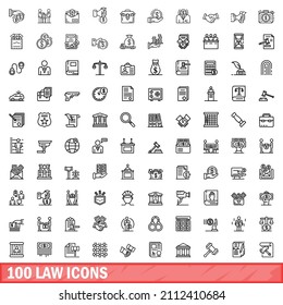 100 íconos de ley. Ilustración de esquema de 100 iconos de ley conjunto de vectores aislados en fondo blanco