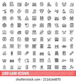 100 law icons set. Outline illustration of 100 law icons vector set isolated on white background
