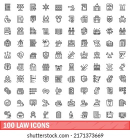 100 law icons set. Outline illustration of 100 law icons vector set isolated on white background