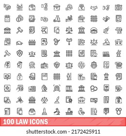 100 law icons set. Outline illustration of 100 law icons vector set isolated on white background