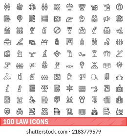 100 íconos de ley. Ilustración de esquema de 100 iconos de ley conjunto de vectores aislados en fondo blanco