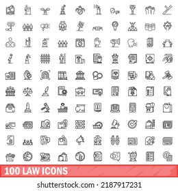 100 law icons set. Outline illustration of 100 law icons vector set isolated on white background