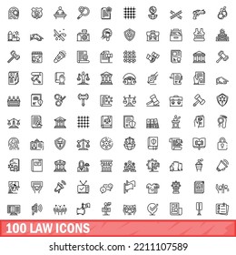 100 law icons set. Outline illustration of 100 law icons vector set isolated on white background