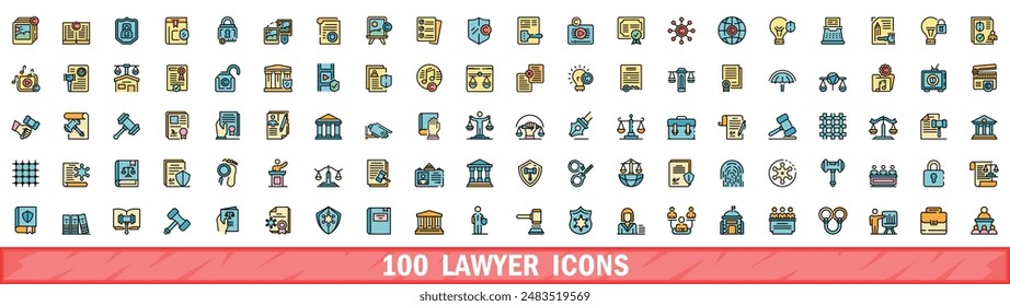 100 iconos de abogado. Conjunto de línea de color de iconos de vector abogado línea delgada color plana en blanco