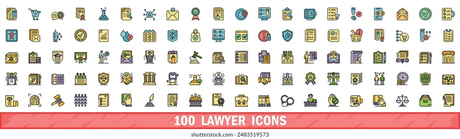 100 lawyer icons set. Color line set of lawyer vector icons thin line color flat on white