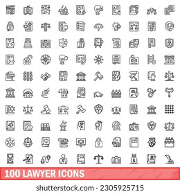 100 íconos de abogados. Ilustración de esquema de 100 iconos de abogado conjunto de vectores aislado en fondo blanco