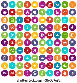 100 leaf icons set in different colors circle isolated vector illustration
