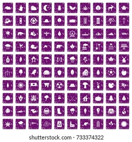 100 leaf icons set in grunge style purple color isolated on white background vector illustration