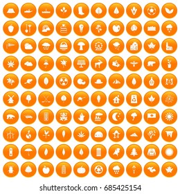 100 leaf icons set in orange circle isolated on white vector illustration