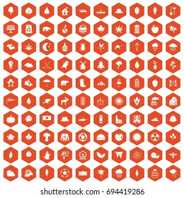100 leaf icons set in orange hexagon isolated vector illustration