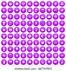100 leaf icons set in purple circle isolated on white vector illustration