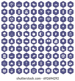100 leaf icons set in purple hexagon isolated vector illustration