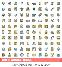 100 iconos de aprendizaje. Conjunto de líneas de color de aprendizaje iconos vectoriales color de línea delgada plano sobre blanco