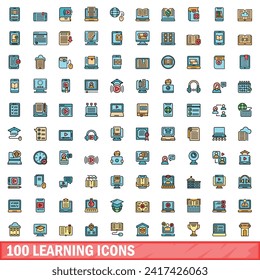 100 learning icons set. Color line set of learning vector icons thin line color flat on white