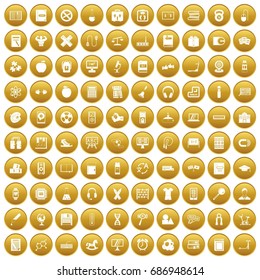 100 learning kids icons set in gold circle isolated on white vectr illustration